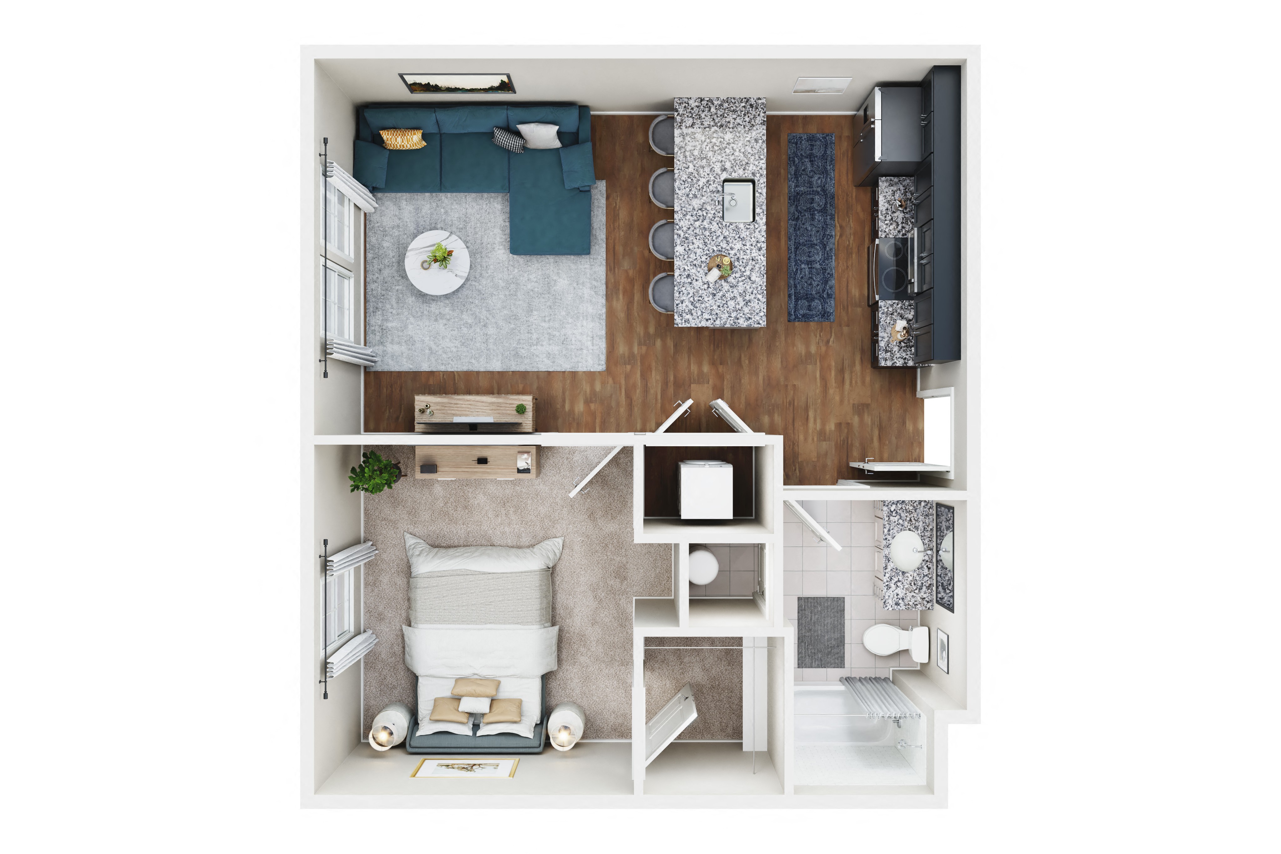 Floor plan for 1 bed, 1 bath, 635 sqft